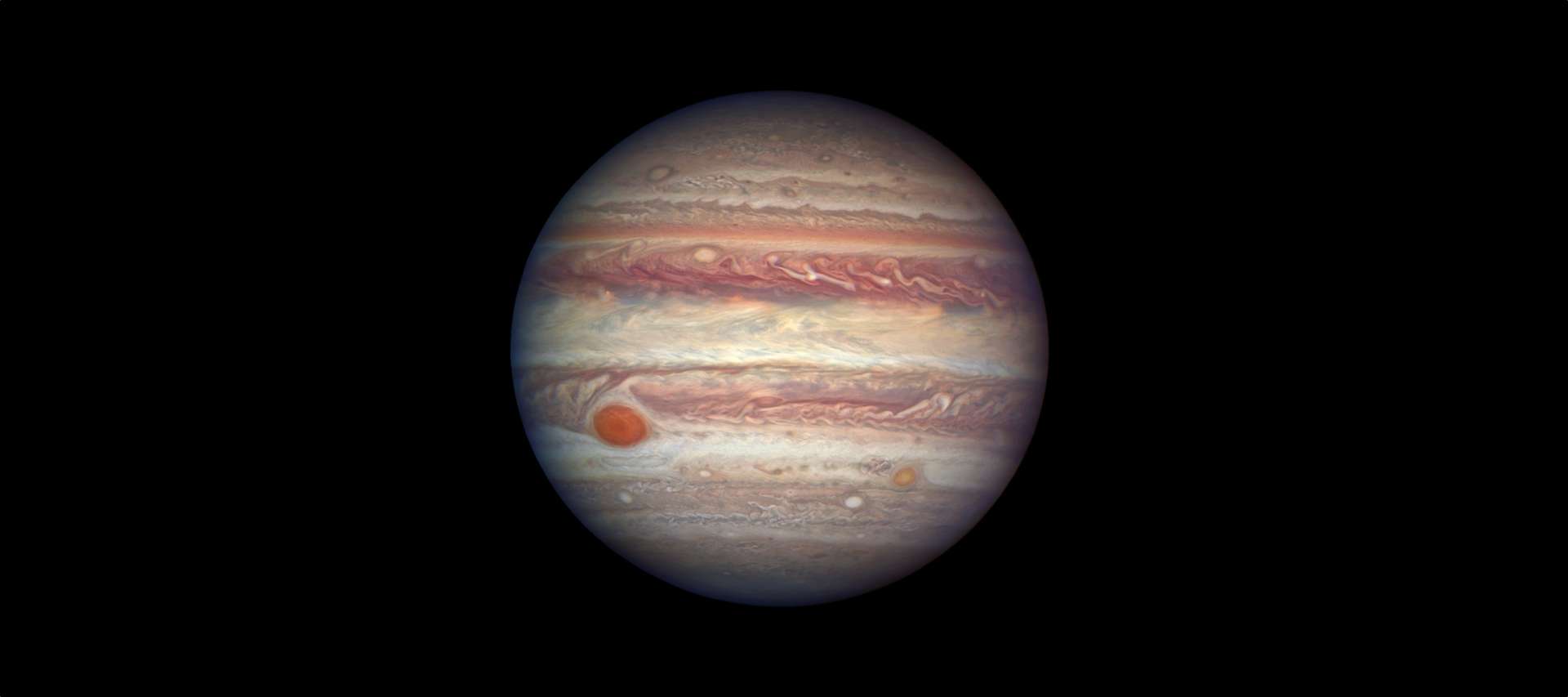 Jupiter,&nbsp;le 3 avril 2017. La résolution d’Hubble offre des détails de son atmosphère atteignant 130 km. La planète géante était à moins de 670 millions de kilomètres de la Terre, à quelques jours de son opposition. © Nasa, ESA, A. Simon (GSFC)&nbsp;