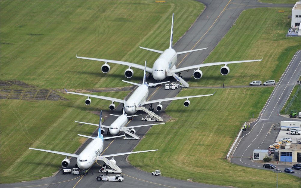 Quatre avions de ligne de la gamme Airbus. D'avant en arrière : l'A300 Zéro-G de Novespace, un A318, un A340 et un A380, à retrouver dans notre galerie de photos du salon 2011. © Alain Ernoult 