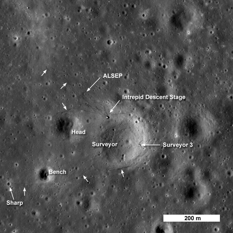 Sur cette photo prise par LRO le module lunaire Intrepid est visible au bord du cratère Surveyor. Deux petits cratères étudiés et échantillonnés le sont également, Head et Bench. Quant au cratère Sharp, il constitue le point le plus éloigné rejoint par les astronautes. Les flèches blanches indiquent les traces de pas laissés par les astronautes. Crédit : NASA/Goddard Space Flight Center/Arizona State University