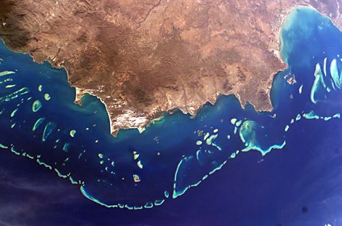 La Grande Barrière de Corail au large de l’Australie, vue depuis la Station Spatiale Internationale. Crédit Nasa
