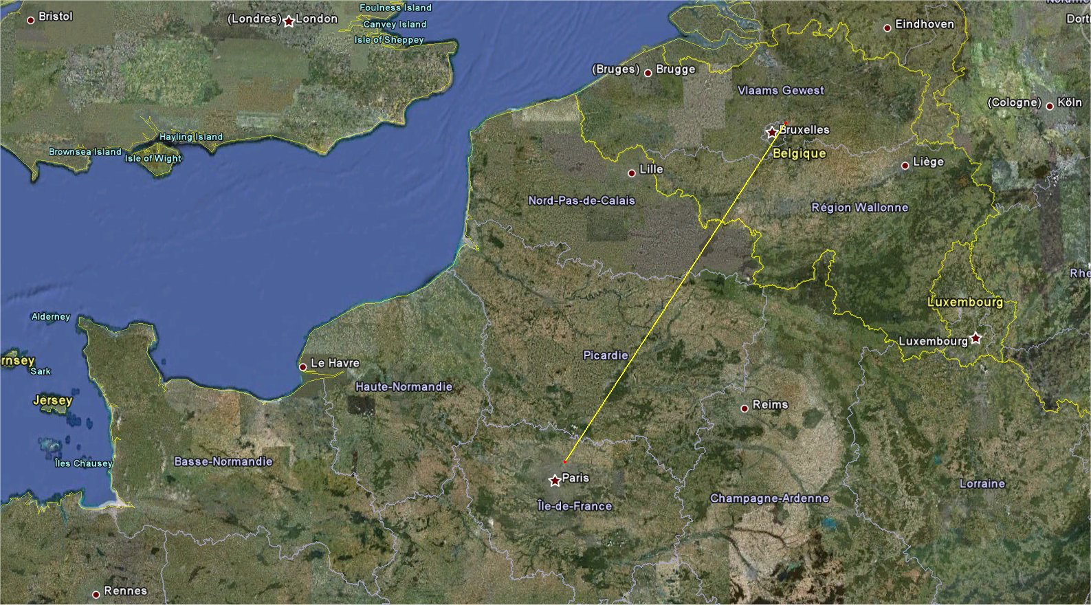 Le trajet Brussels Airport - Paris-Le Bourget vu sur Google Earth : 260 kilomètres sur une route à 215°. © Google Earth