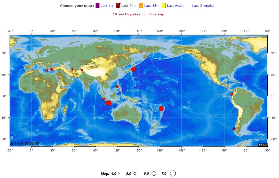 Les 18 séismes de magnitude supérieure à 4 survenus en 24 heures entre le dimanche 3 avril et le lundi 4 avril. © CSEM