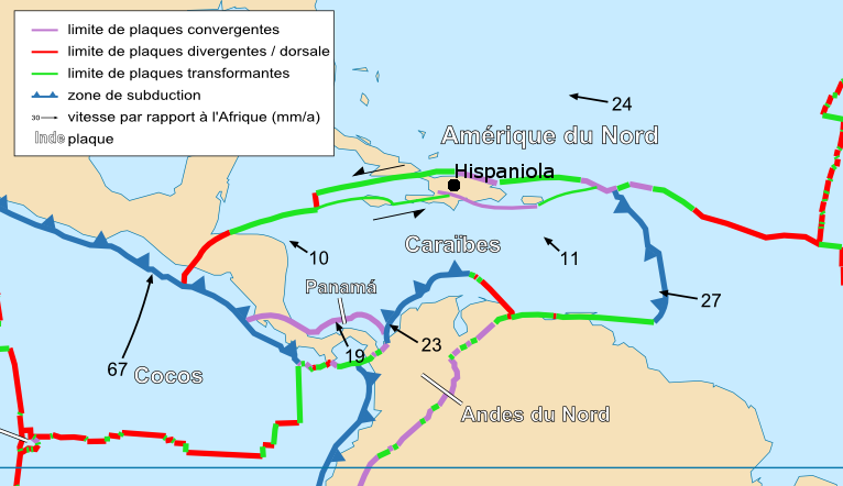 Le contexte tectonique actuel de l'île d'Hispaniola. C'est la grande faille transformante au sud de l'île (en vert) qui est responsable du séisme du 12 janvier 2010. © Sting et Rémih, Wikimedia Commons, CC by-sa-2.5