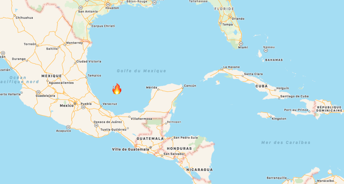 L’incendie s’est déclaré dans la baie de Campeche, à 150&nbsp;mètres d’une plateforme pétrolière de la compagnie nationale mexicaine Pemex. © Apple Plans