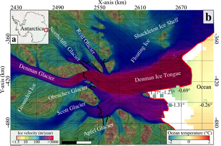 Le canyon Denman, à l’est de l’Antarctique, recule en moyenne de 250 mètres par an. © V. Brancato et al, Geophysical Research Letters, 2020