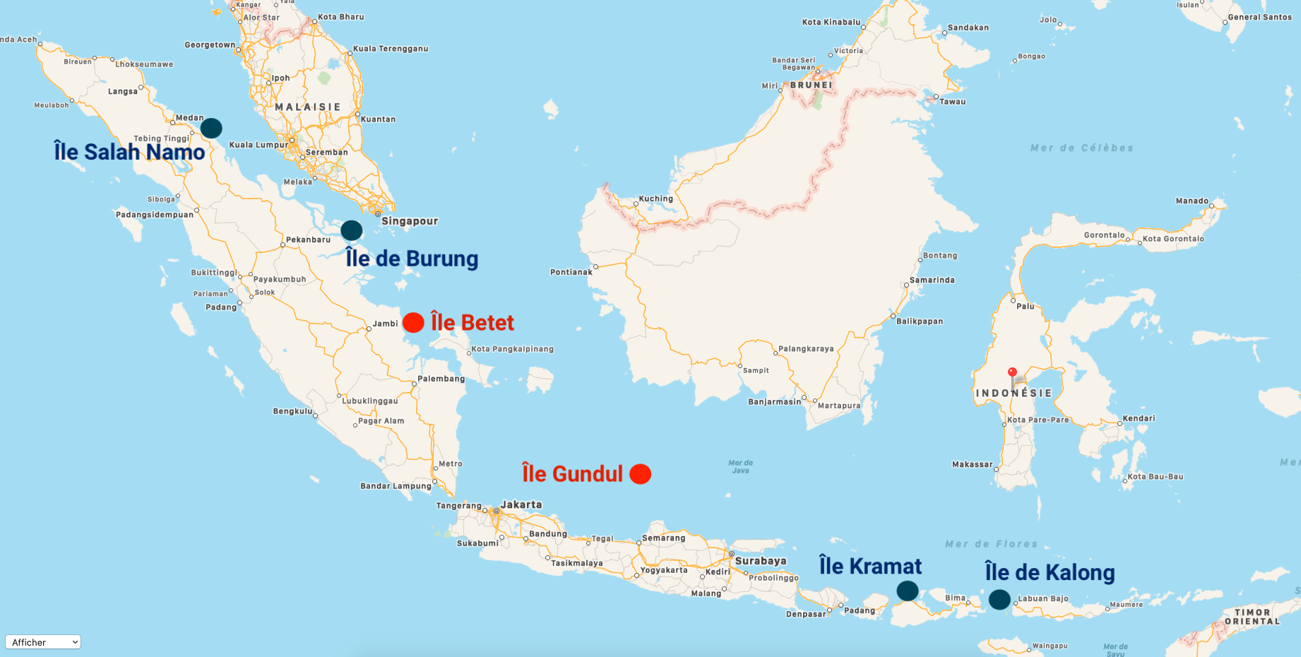 En rouge, les îles indonésiennes déjà disparues. En bleu, les îles menacées de disparition. © C.D, Plans