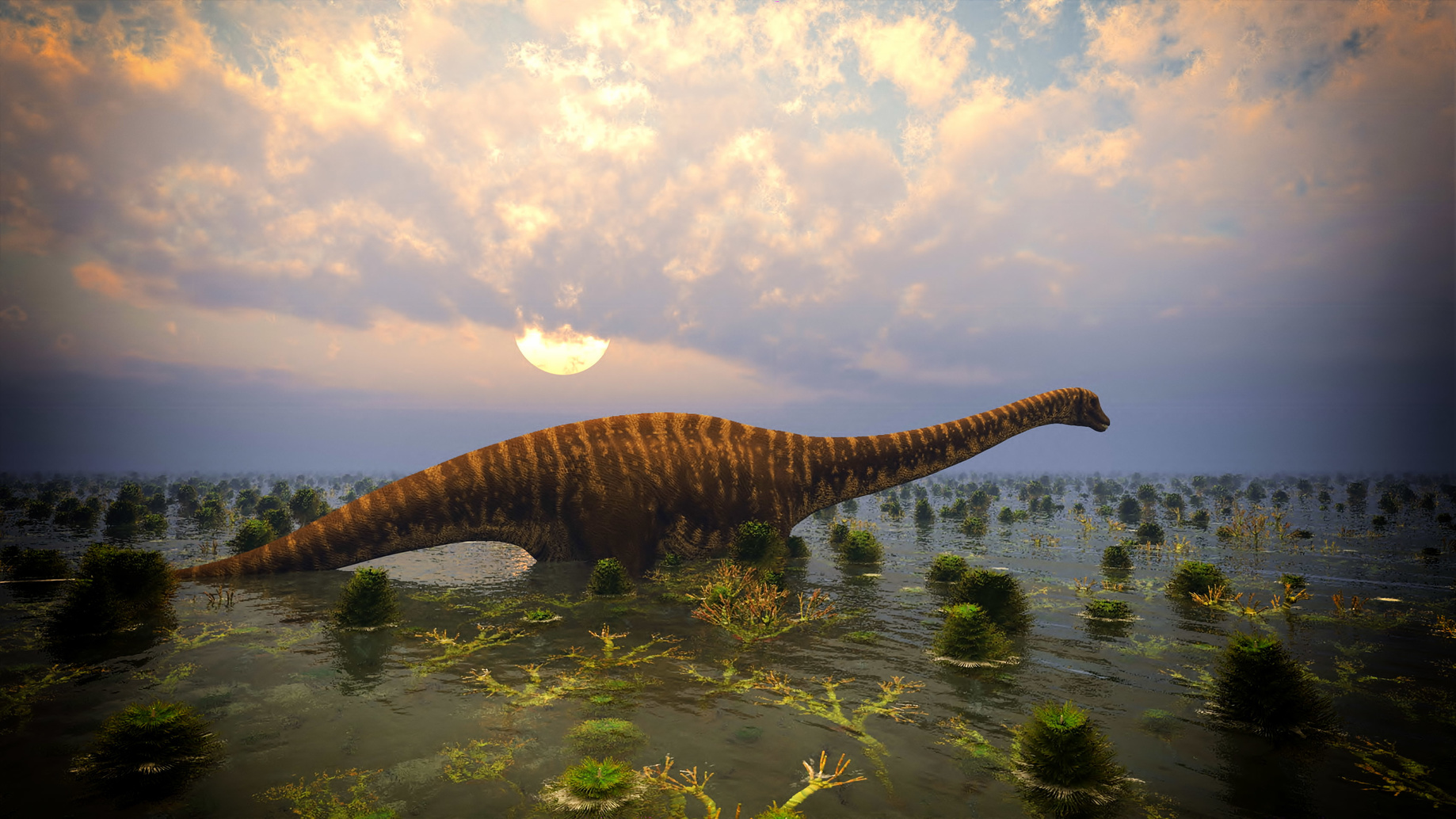 Illustration d'un sauropode satori. Il y a 140 millions d'années, l'environnement d'Angeac ressemblait à celui de la Floride ou de la Louisiane d'aujourd'hui. © fotolia
