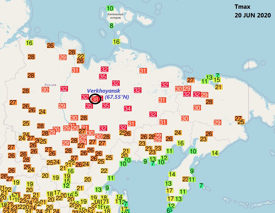 Il a fait 38 °C à Verkhoyansk ce 20 juin 2020, soit la température la plus haute jamais mesurée au-delà du cercle arctique. © Etienne Kapikian, Twitter