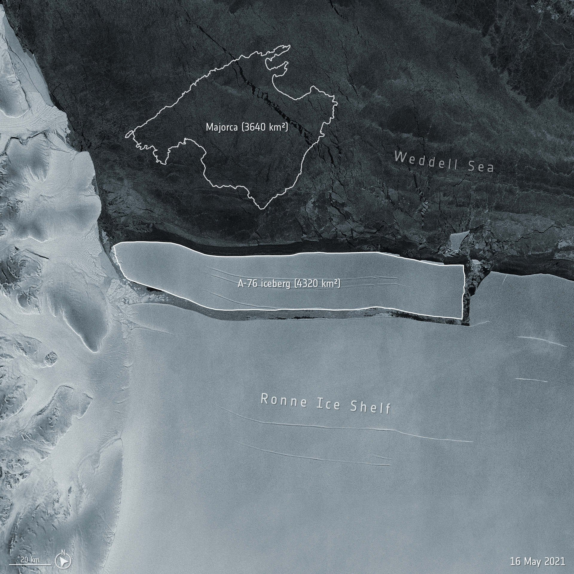 L’iceberg A-76, plus grand que l’île de Majorque, vient de se détacher de la banquise Antarctique. © ESA