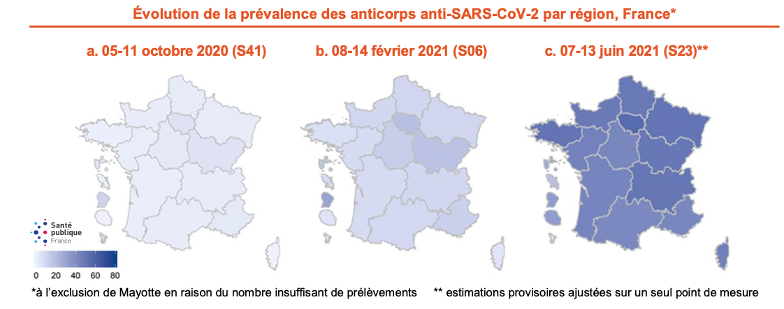 Évolution de la prévalence des anticorps anti-Sars-Cov-2 par région. © Santé Publique France, Institut Pasteur, Anses