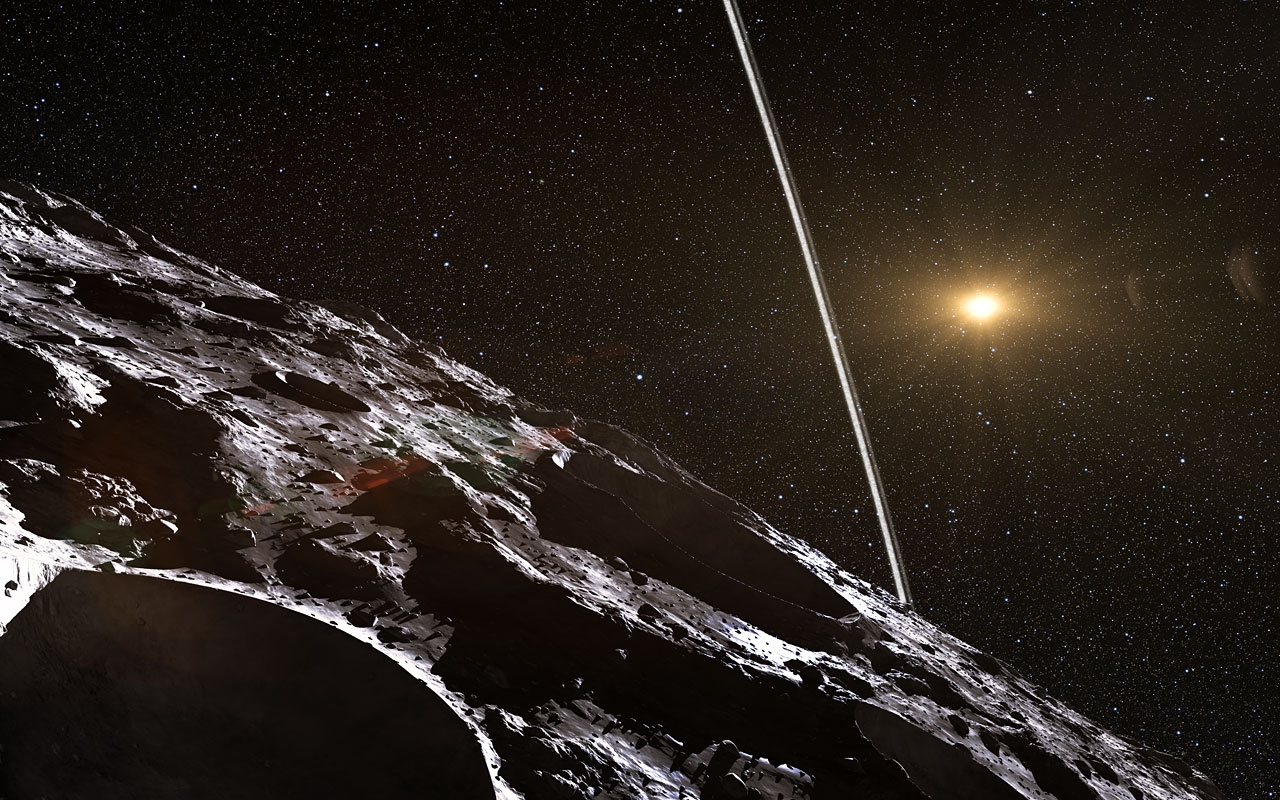 Cette vue d'artiste illustre le paysage qui attend tout visiteur de Chariklo, corps rocheux de la famille des Centaures qui se promène entre Saturne et Uranus. Deux bandes étroites de débris, essentiellement de la glace d'eau, ceinturent l'astéroïde long de 250 km. C'est la première fois que de semblables caractéristiques sont observées autour d'un objet autre qu'une planète géante. © Eso, L. Calçada, N. Risinger