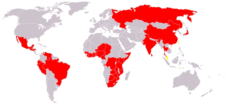 La répartition du choléra dans le monde en 2004. En rouge, les régions où la maladie est endémique, en jaune, là où les cas sont sporadiques. © Licence Commons