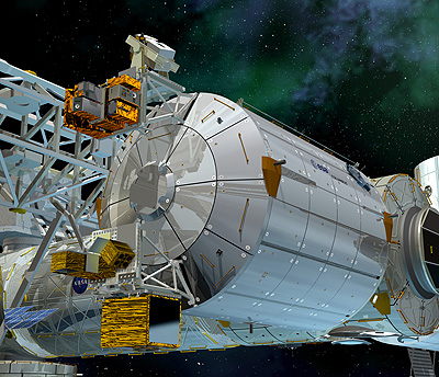 Dessin du laboratoire européen Columbus installé sur l'ISS, tel qu'il le sera en principe ce soir, 11 février 2008, à 23 h 25 (heure française). © ESA