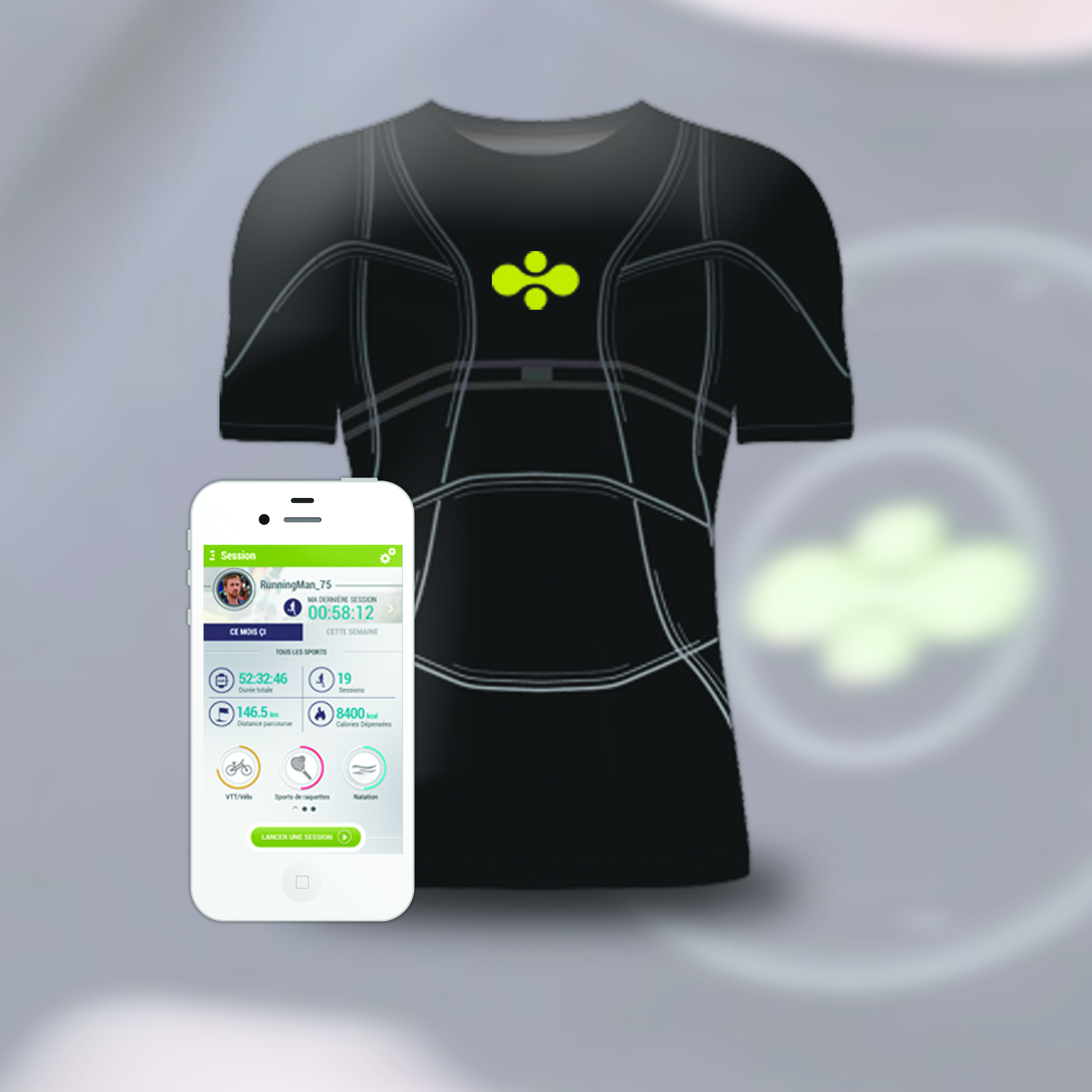 Cityzen Sciences était présente au Consumer Electronics Show avec ce prototype de t-shirt connecté dédié aux activités sportives. Équipé de capteurs (fréquence cardiaque, accéléromètre, altimètre) et d’un GPS, il transmet les informations en Bluetooth à un smartphone. Ce « D-Shirt » sera commercialisé en septembre 2014. © Cityzen Sciences 