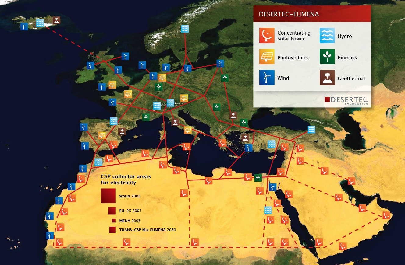 Un immense réseau de centrales solaires, éoliennes, géothermiques et utilisant la biomasse couvrirait de nombreux pays, de l'Afrique du nord à l'Europe. © Desertec
