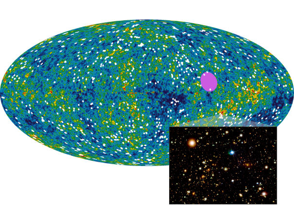 Le bullet cluster, que l'on voit ici sur la sphère céleste montrant le rayonnement de fond diffus observé par WMap, est situé à proximité de la zone violette, entre les constellations du Centaure et des Voiles. Il se dirige en direction de cette région. Crédit : Nasa/WMap/A. Kashlinsky et al.