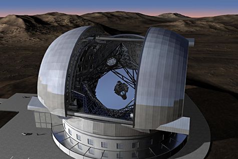 L'immense EELT, équipé d'un miroir primaire segmenté de 42 mètres de diamètre abrité sous une coupole de 90 mètres. Crédit ESO