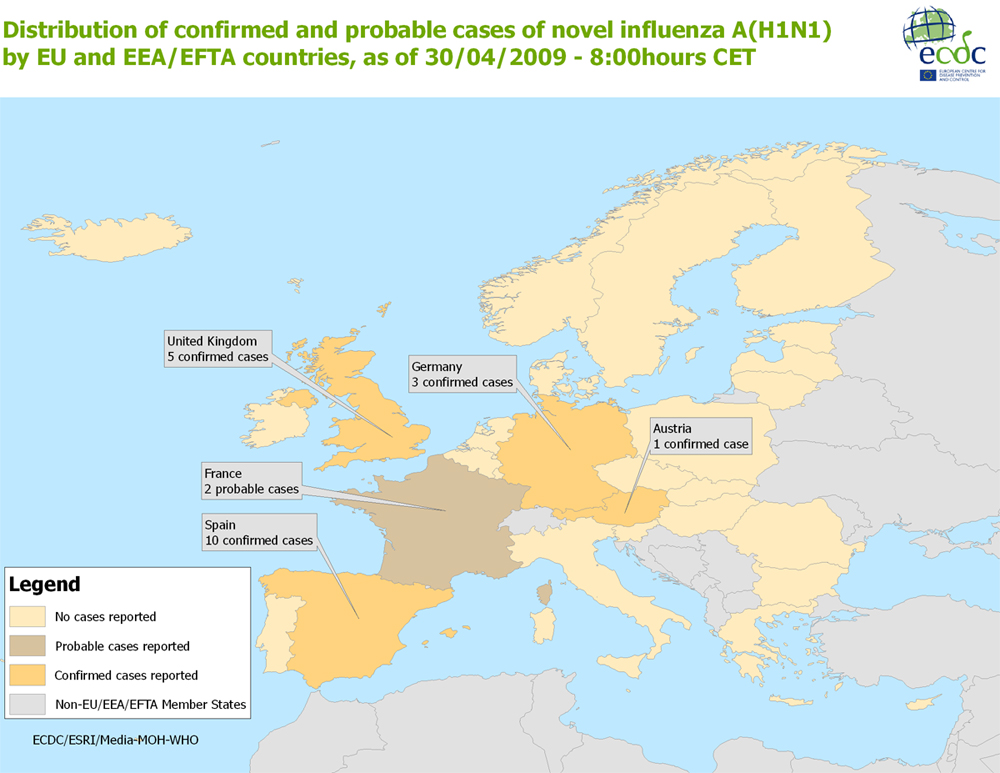 Situation de la grippe porcine en Europe le 30 avril 2009, par pays. En jaune pâle, pas de cas observé (Portugal, Italie, Belgique...), mais les Pays-Bas viennent, après la réalisation de cette carte, de confirmer un cas. En brun, il existe des cas probables (France). En jaune-orangé, des cas sont confirmés (Grande-Bretagne, Espagne, Allemagne...). En gris, les pays non membres de l'agence européenne ECDC. © ECDC