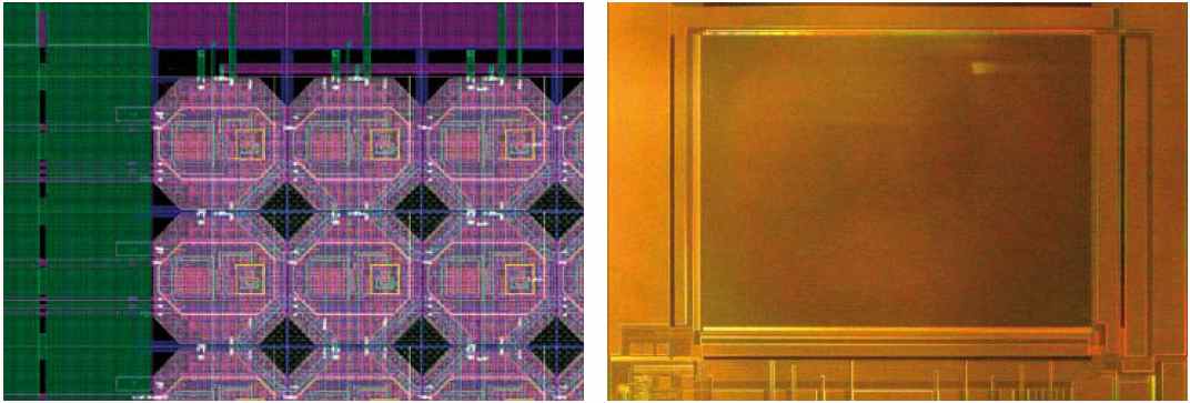 A gauche, un détail du circuit, qui mêle des photodiodes pour l'affichage et des éléments photosensibles. A droite, une image d'un des prototypes. © Fraunhofer Institute for Photonic Microsystems