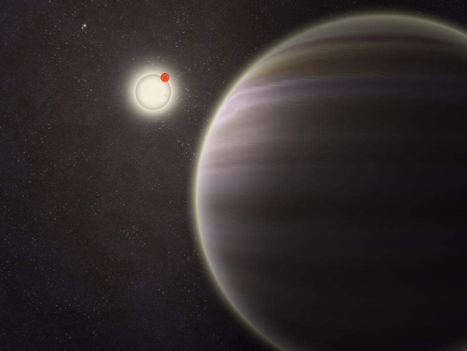 Une vue d'artiste de la planète géante gazeuse PH1, au premier plan, avec les deux étoiles doubles autour desquelles elle tourne, comme deux autres étoiles, bien plus éloignées.&nbsp;© Haven Giguere/Yale