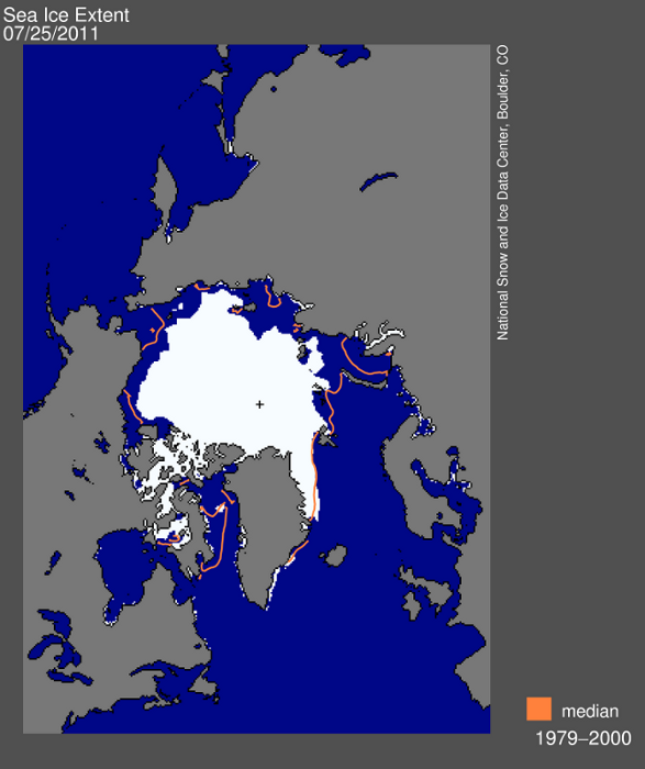 La surface glacée au mois de juillet 2011 (en blanc) est inférieure de plus de 2 millions de kilomètres carrés à la moyenne pour le même mois, calculée entre 1979 et 2000 (limite orange). © National Snow and Ice Data Center