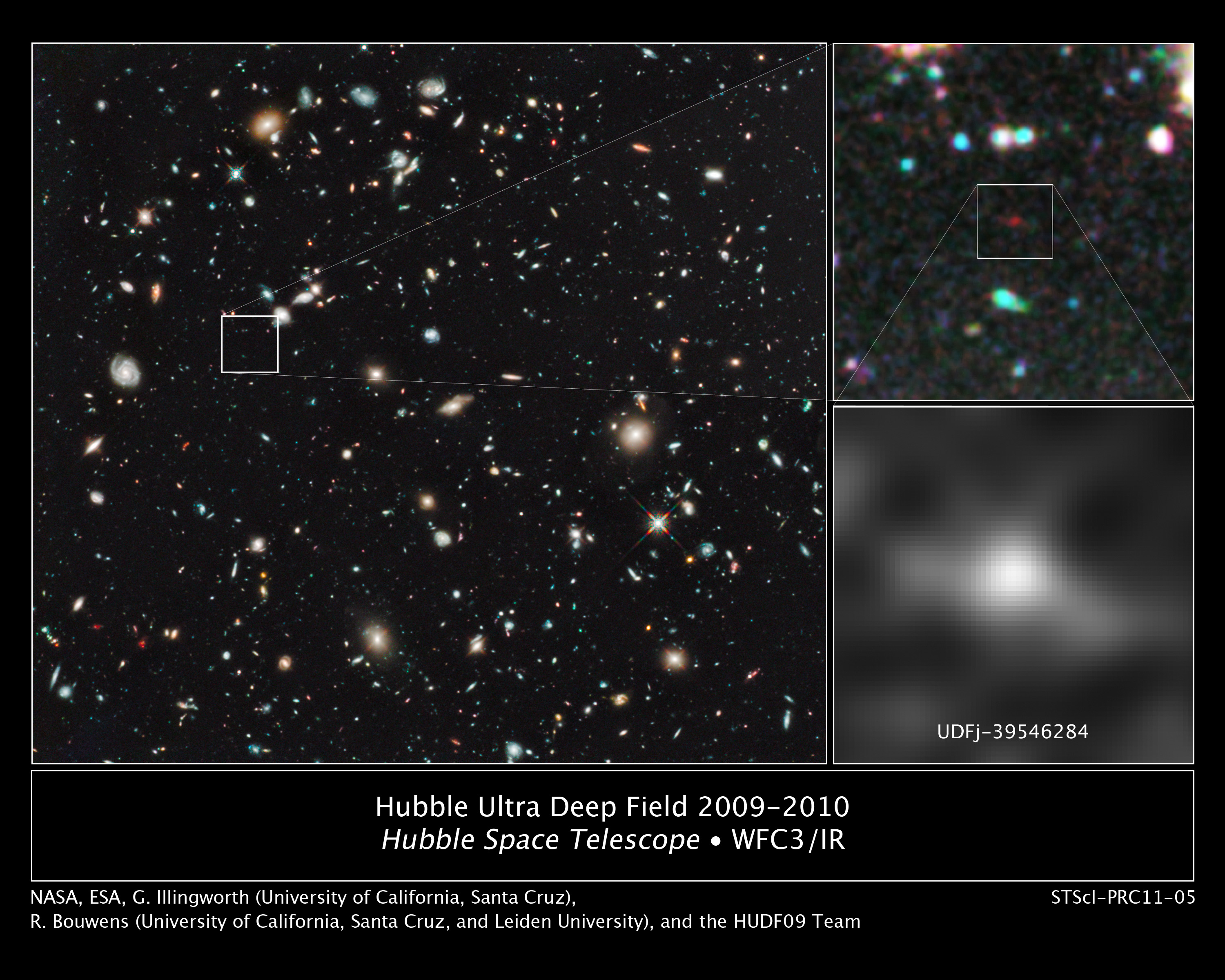 La galaxie repérée sur le champ ultraprofond de Hubble (Hubble Ultra Deep Field, HUDF)© Nasa, Esa, G. Illingworth (University of California, Santa Cruz), R. Bouwens (University of California, Santa Cruz, Leiden University) / HUDF09 Team