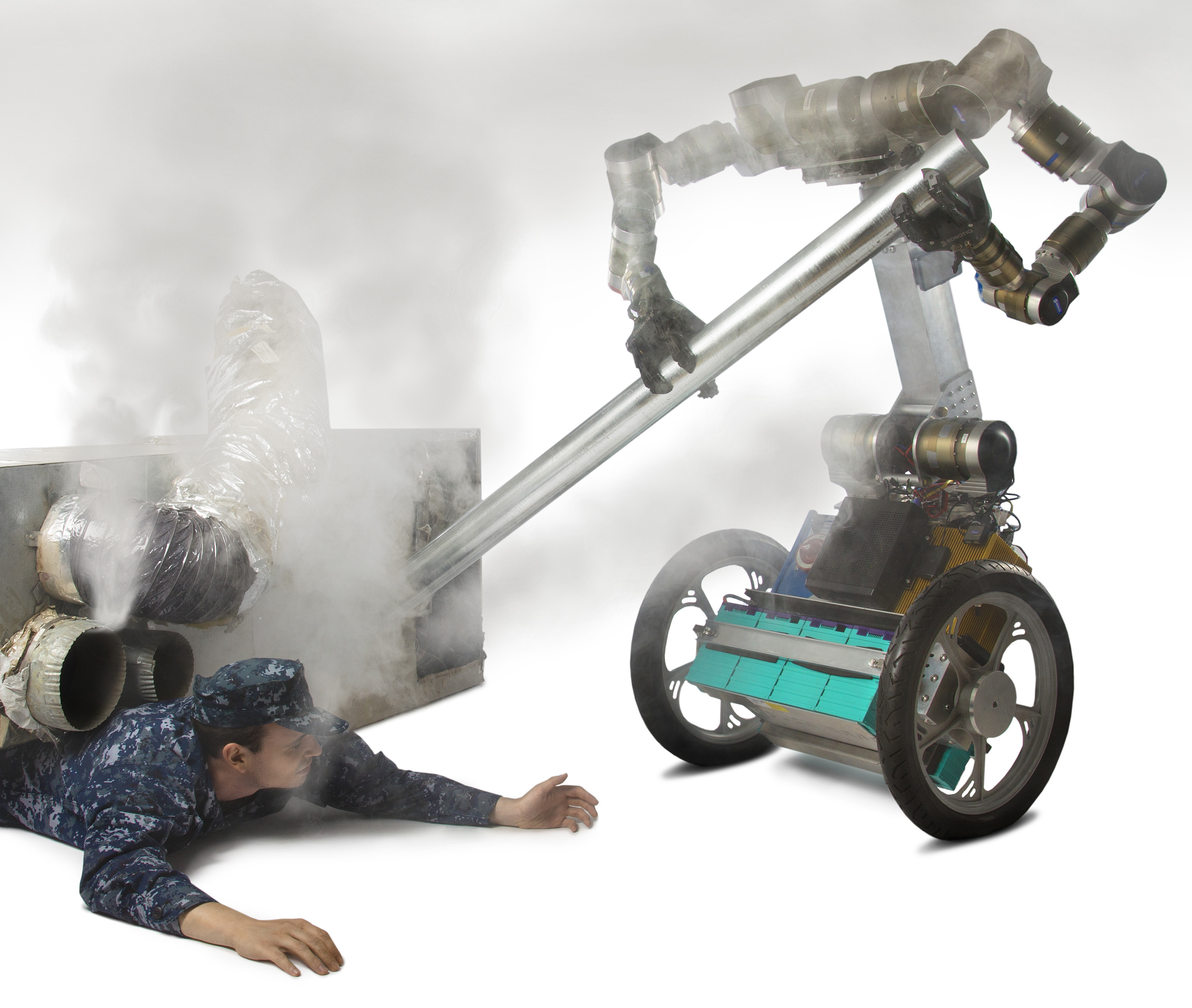 Dans cette autre simulation, le robot Golem Krang a compris comment se servir d’un tuyau pour faire levier et dégager la  personne coincée sous les débris. © Georgia Institute of Technology