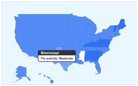 Carte épidémiologique de la grippe aux Etats-Unis au 12 novembre 2008, selon le service Google Flu Trends, qui donne ici trois niveaux, du bleu clair ou bleu foncé (minimal, faible, modéré). © Google.org