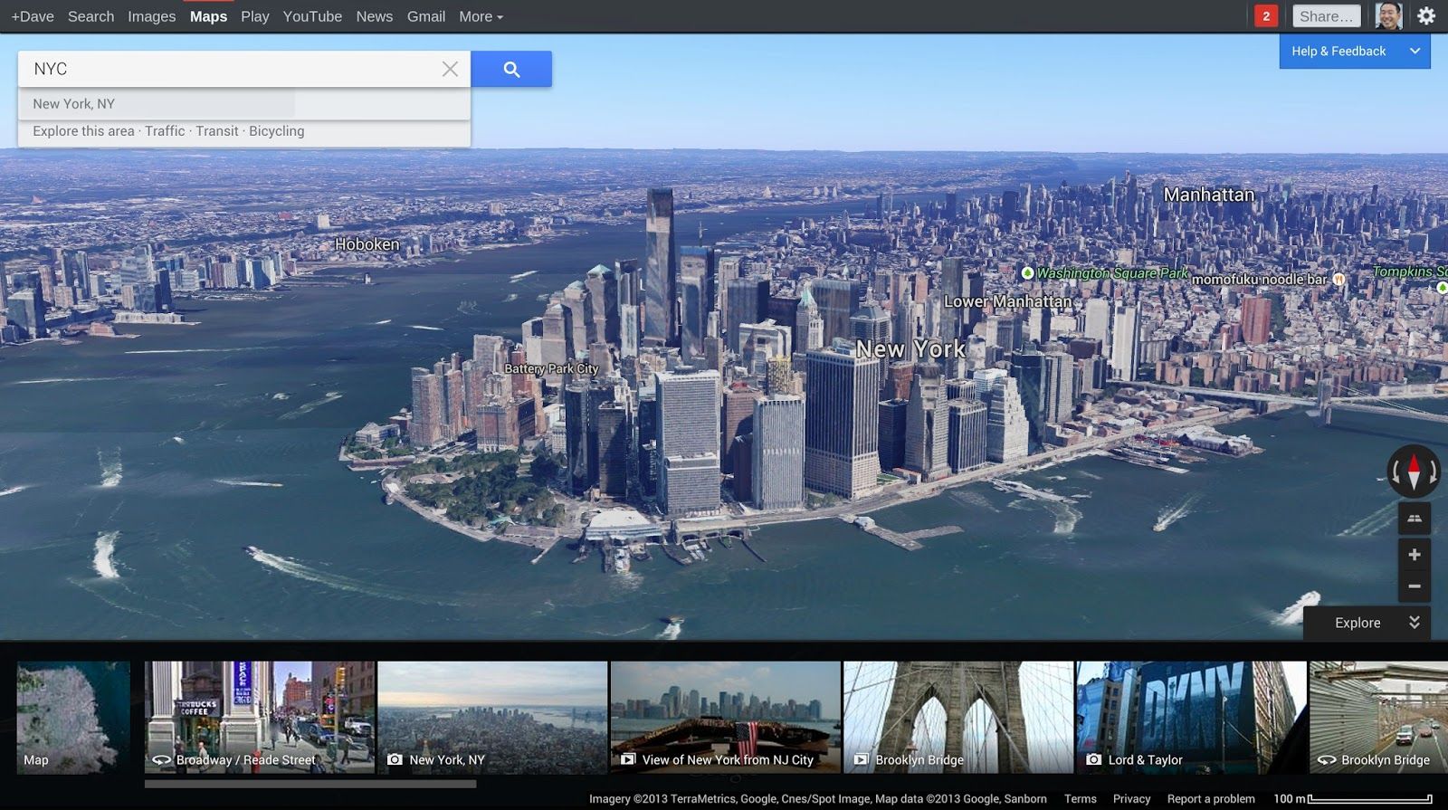 La nouvelle version de Google Maps affiche la carte ou des images sur tout l'écran, celui d'un ordinateur ou celui d'un smartphone. Sur les sites célèbres, comme ici New York, un carrousel peut présenter une collection de photographies. © Google