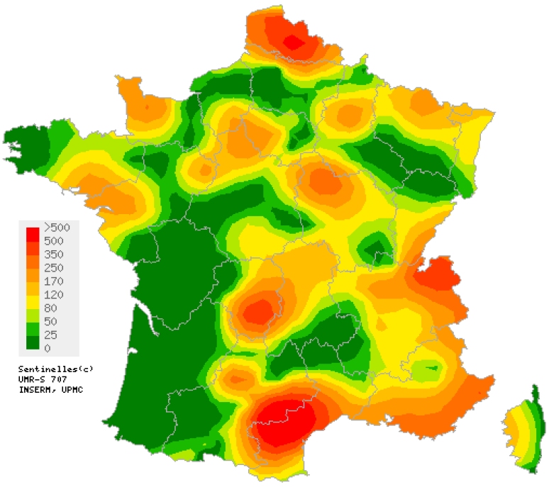 Carte d'interpolation spatiale des données basée sur les incidences départementales pour la semaine 37 (du lundi 7 au dimanche 13 septembre). © Réseau Sentinelles / INVS 
