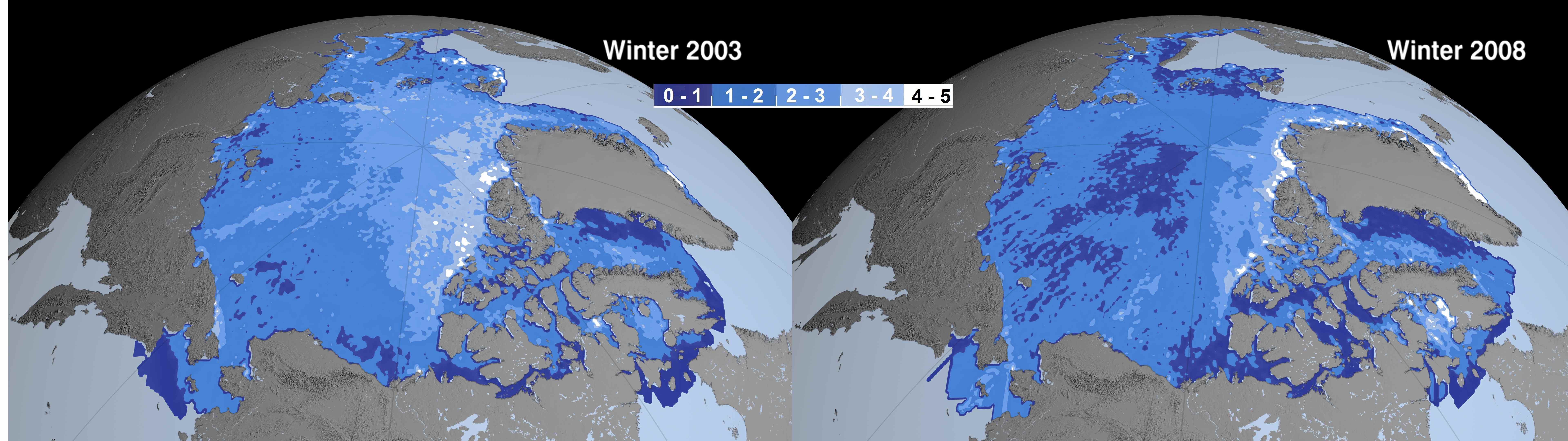 Comparaison des épaisseurs de la banquise en hiver, en 2003 et en 2008. La couleur indique l'épaisseur, de bleu foncé pour 0 à 1 mètre jusqu'à blanc, pour plus de 4 mètres. On voit clairement apparaître en 2008 des zones de moins d'un mètre au centre de la banquise arctique.
© Nasa/JPL (montage Futura-Sciences)