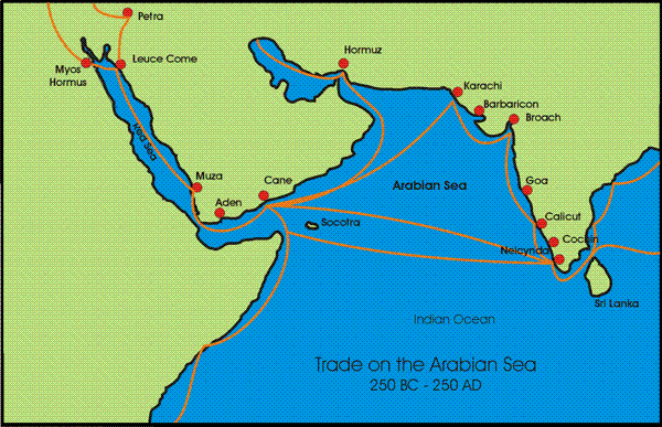 La route des épices entre le Kerala et Petra au temps de l'empire romain (Crédit : nabataea.net).