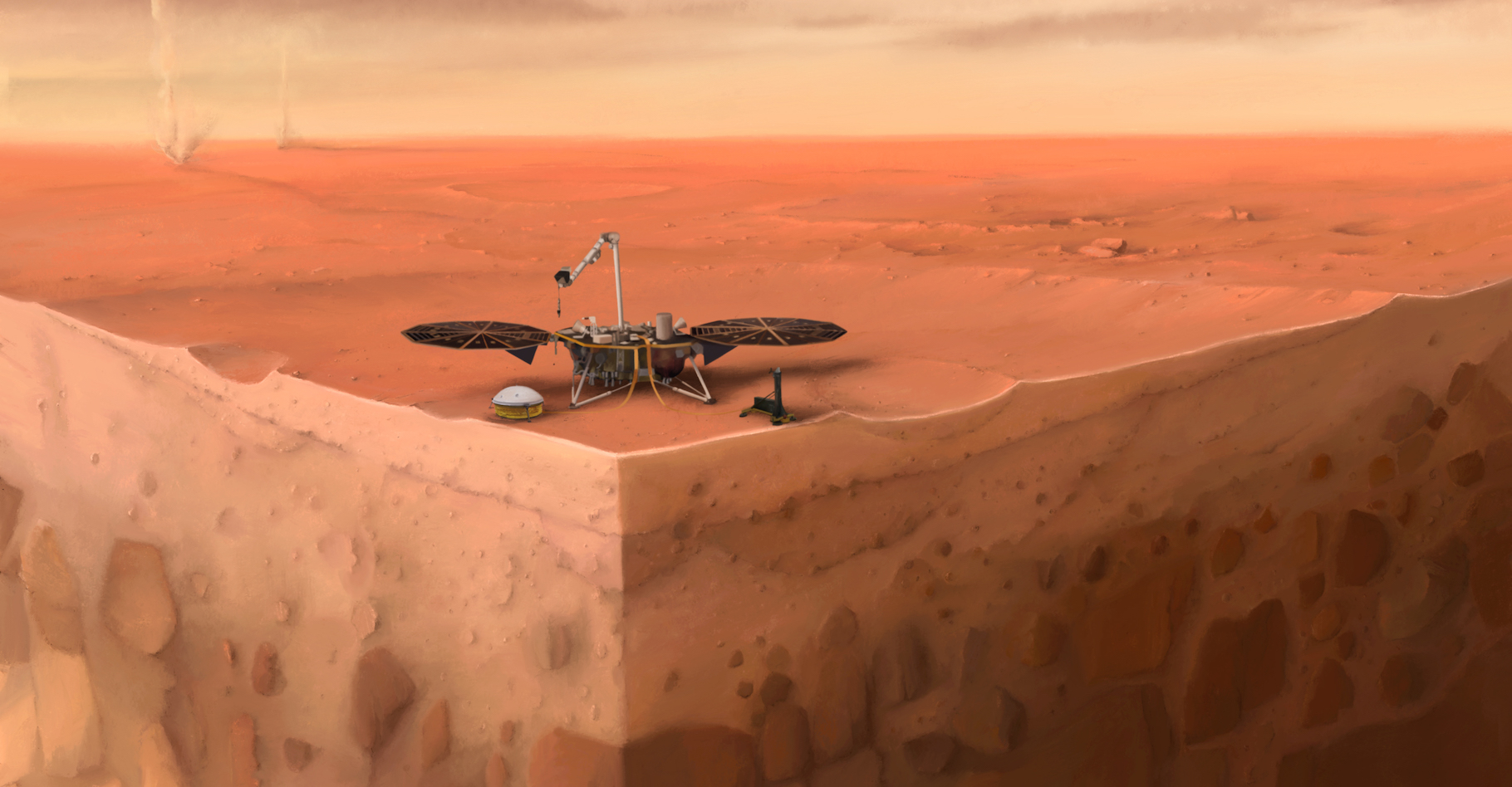 Cette vue d’artiste présente la mission InSight et une coupe de Mars. Le sous-sol de la Planète rouge que la taupe tente de creuser depuis plusieurs mois. Et qu'elle semble enfin avoir atteint. © Nicolas Sarter, IPGP