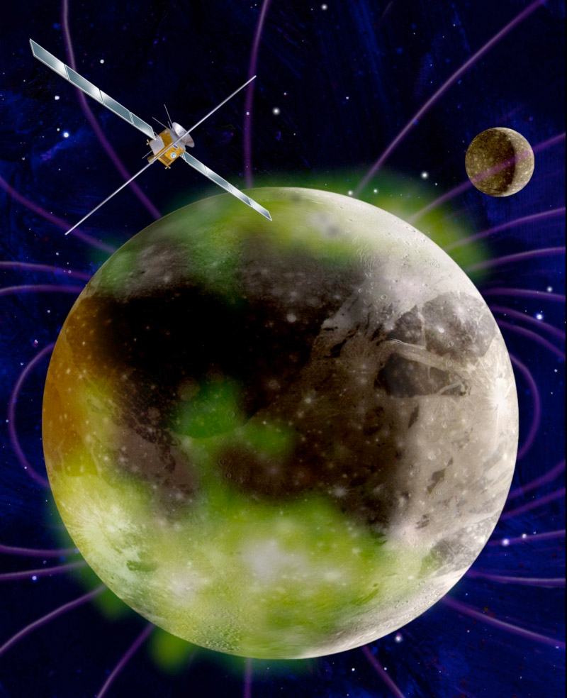 Avec son Orbiter, l'agence spatiale européenne entend bien percer les mystères qui entourent Ganymède, la seule lune connue du Système solaire à posséder un champ magnétique. Habitabilité, composition, géologie et interactions avec Jupiter sont les grands axes de cette mission ambitieuse. © Esa/Nasa & M. Carroll 