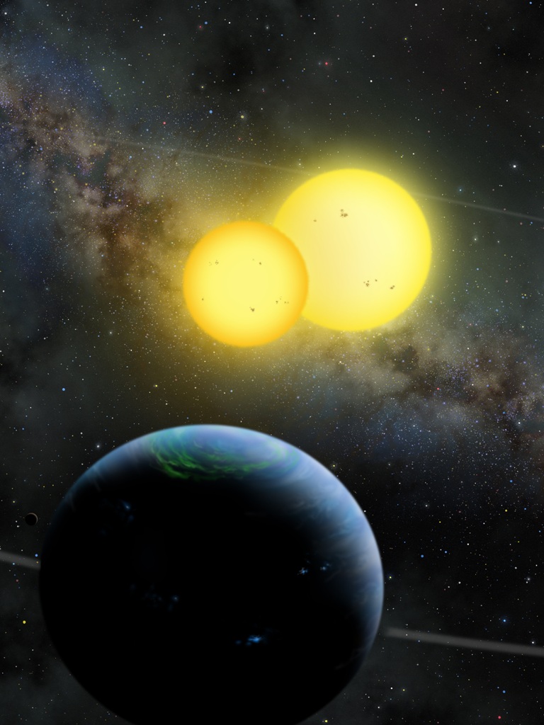 Une vue d'artiste de Kepler 35b en orbite autour de ses soleils.  © Lynette Cook
