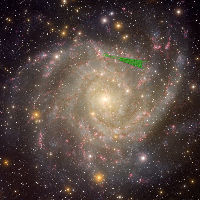 Sur cette image représentant une galaxie spirale cousine de la Voie lactée, on a représenté la région équivalente à celle scrutée par Kepler dans notre Galaxie (en vert). © NOAO, AURA, NSF