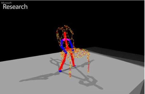 Voici la phase où KinÊtre crée les points de contacts entre le squelette virtuel de la personne et la structure de la chaise numérisée. © Microsoft Research