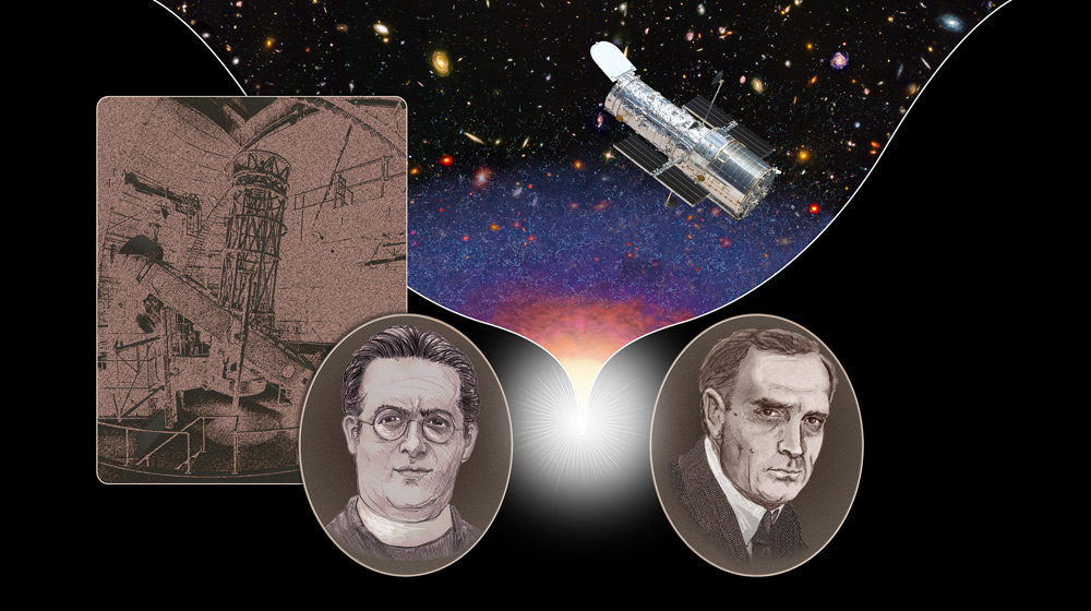 Cette illustration montre Edwin Hubble (1889-1953), à droite, et Georges Lemaître (1894-1966), à gauche. Le télescope sur la gauche est le télescope Hooker du mont Wilson en Californie. Le télescope spatial Hubble est sur la droite. © Nasa, Esa, A. Feild 