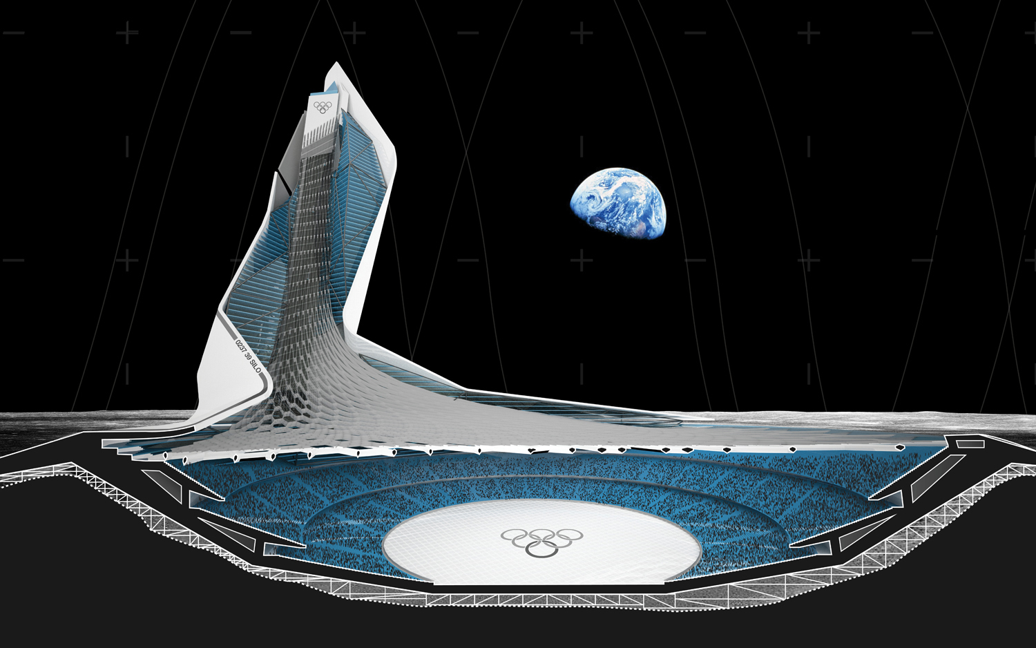 Le Silo, stade lunaire, est installé dans un cratère. © Brian Harms et Keith Bradley