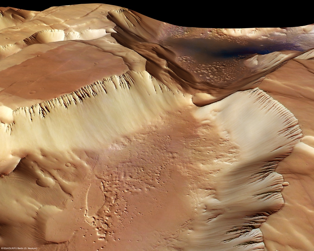 Un canyon martien, le Labyrinthe de la nuit, reproduit en 3D grâce à la caméra HSRC de la sonde Mars Express. © ESA/DLR/FU Berlin (G. Neukum)