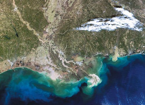 Pollution du Golfe du Mexique (apparaissant en bleu clair) provoquée par le rejet d'eaux eutrophisées du fleuve Mississippi. Crédit : United Nations Environment Programme