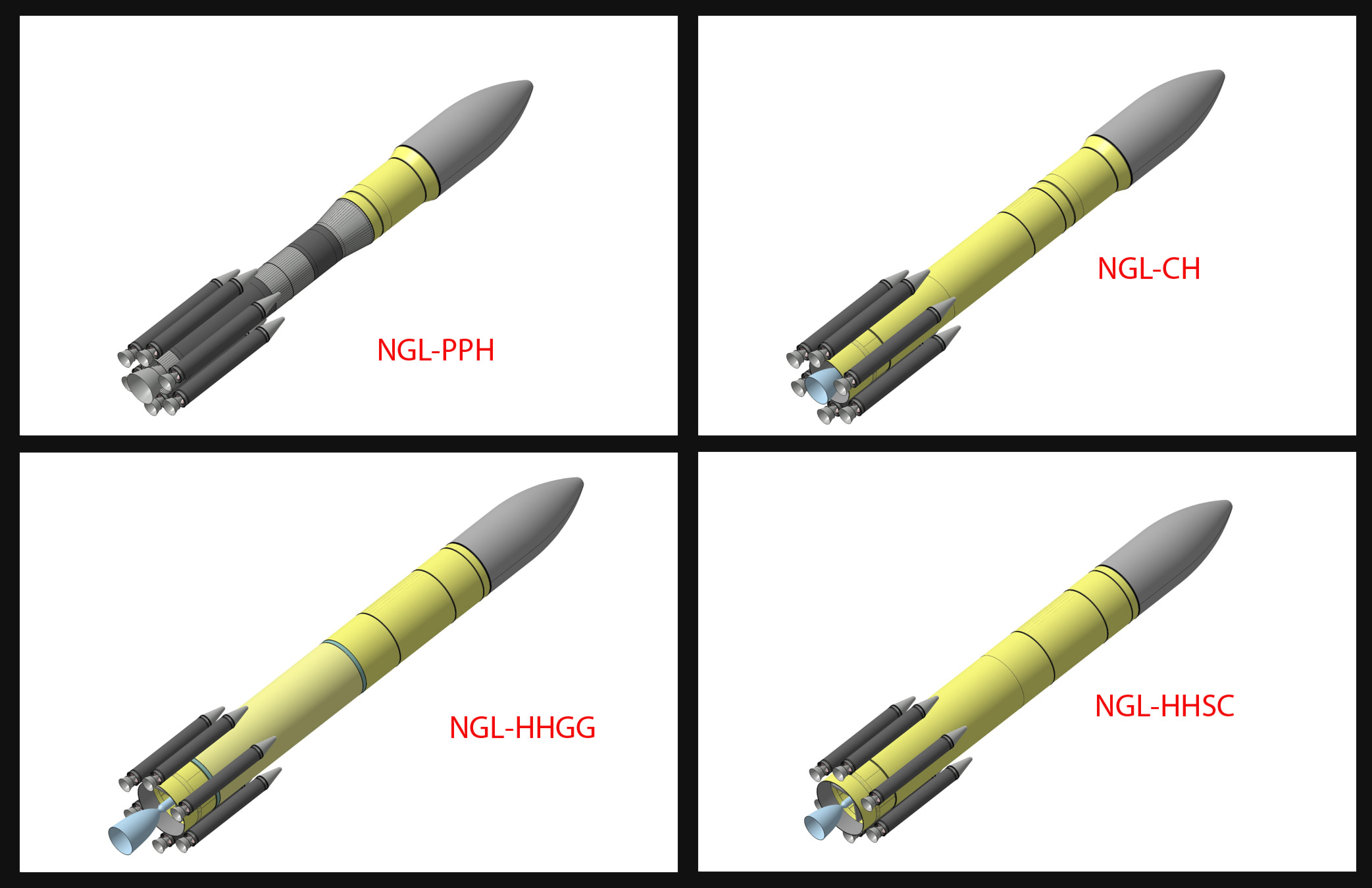 Les 4 concepts retenus, qui préfigurent ce que pourrait être le lanceur qui succèdera à Ariane 5 à l'horizon 2025. © Astrium