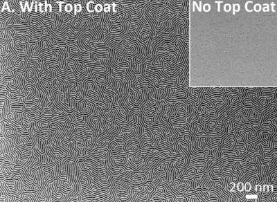 Sur le disque dur repose la synthèse des polymères. Ce matériau peut rapidement s’autoassembler pour constituer des points de moins de 10 nanomètres. Pour améliorer le procédé, les chercheurs appliquent une couche supplémentaire. Cette illustration montre le gain de densité qu'elle apporte (à gauche, With Top Coat) par rapport au cas où cette couche supplémentaire est absente (No Top Coat). © Université du Texas