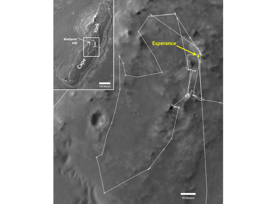 La route du rover Opportunity depuis son arrivée à proximité du cratère Endeavour en août 2011, observée par le télescope Hirise installé sur l'orbiteur MRO, qui tourne autour de Mars depuis le 10 mars 2006. © University of Arizona, Nasa, JPL-Caltech 