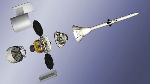 Véhicule Orion complet, dans sa version 606. La tour de sauvetage est bien visible. Crédit Nasa