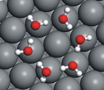 Le modèle théorique démontre que les liaisons hydrogène peuvent accrocher en même temps les molécules d’eau entre elles et au substrat. Crédit : London Centre for Nanotechnology