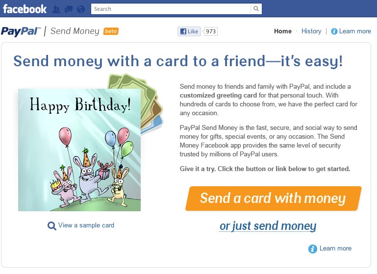 Une nouvelle application Facebook permet de transférer de l'argent à un ami, via PayPal, sans frais. © PayPal-Facebook