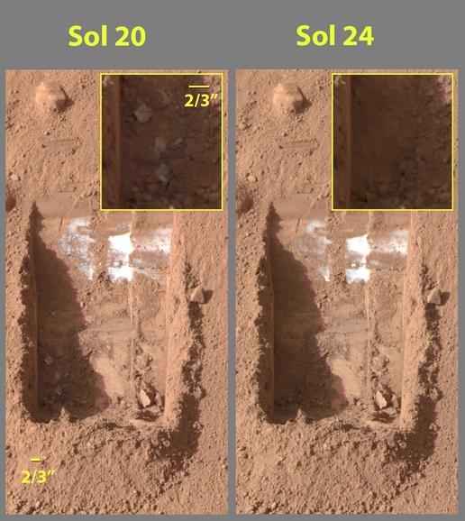 Glace se sublimant au fond de tranchées de 6 cm de profondeur creusées dans le sol martien. Crédit Nasa/JPL