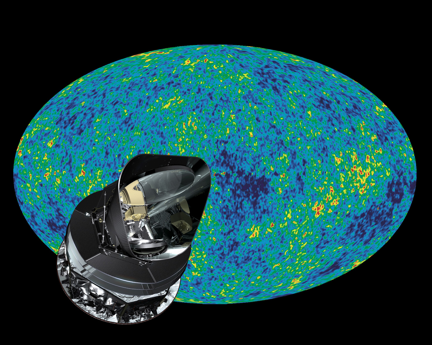 Simulation de la carte du rayonnement fossile observé par Planck, avec superposition du satellite. La vraie carte sera mise en ligne ce jeudi 21 mars. © Esa