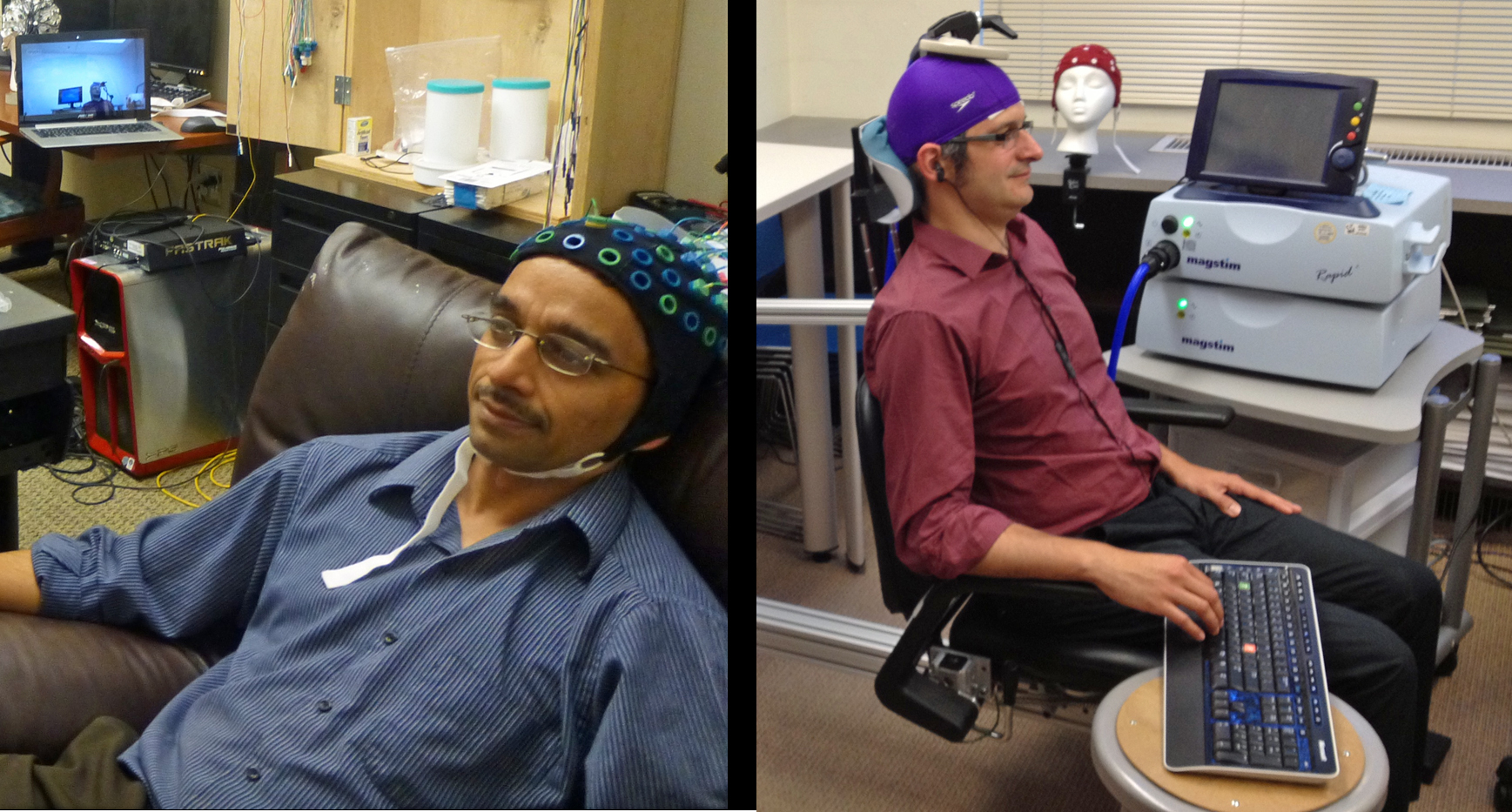 Ce n'est pas de la télépathie ni une vraie interface cerveau-cerveau, mais Rajesh Rao (à gauche) a réussi, à l'aide d'appareils médicaux et d'Internet, à forcer Andrea Stocco (à droite) à tapoter sur le clavier au bon moment lorsqu'il jouait à un jeu vidéo. © Université de Washington